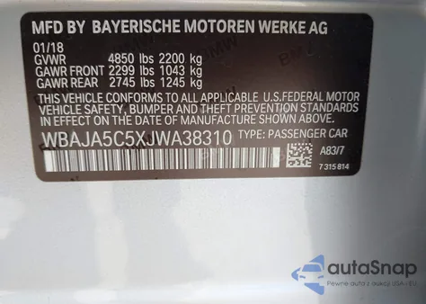 2018 BMW 530I from USA, damaged, VIN WBAJA5C5XJWA38310